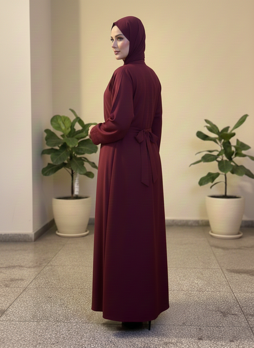 The Deep Garnet Pleated Tassel Abaya